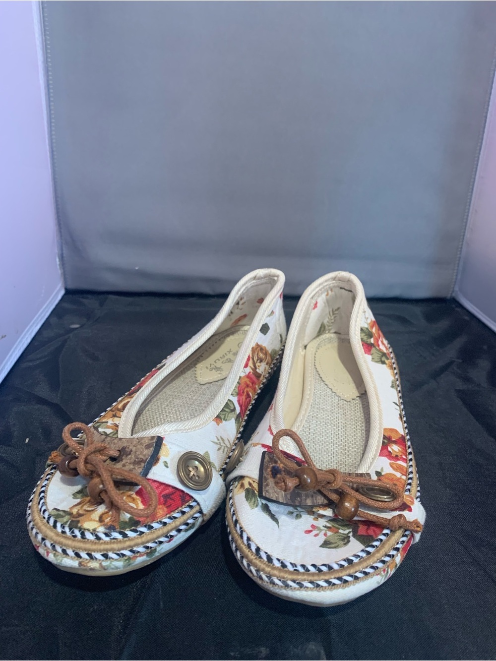 Floral Canvas Slip-On Flats with Brown Bow Detail - White Floral